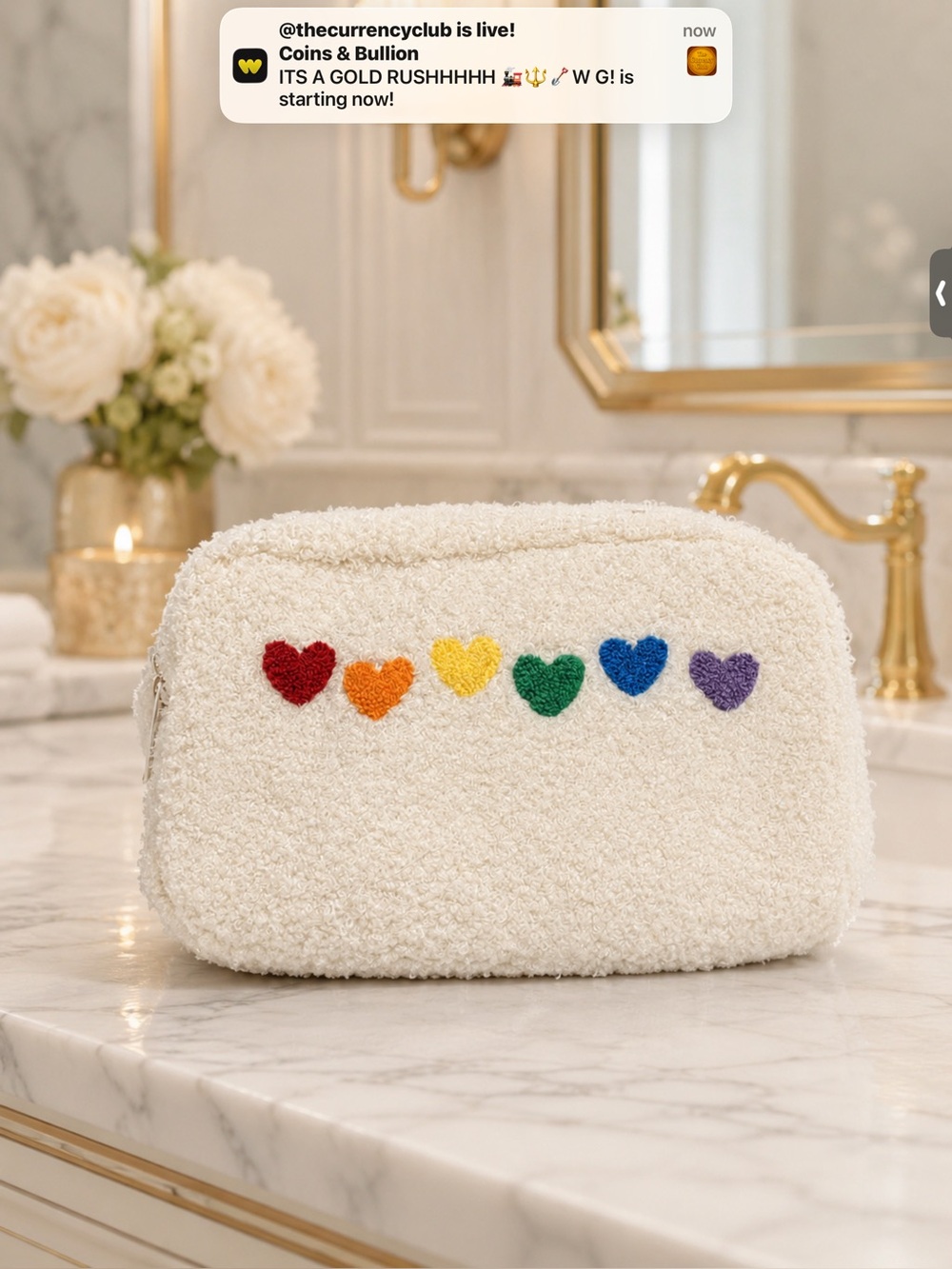 Plush Cosmetic Bag with Rainbow Heart Accents - Cream - Picture 1 of 1